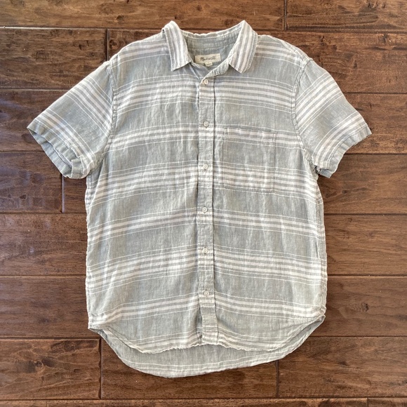 Madewell Mens Large 100% Linen Short Sleeve Button Up Shirt Gray Striped - Picture 1 of 6